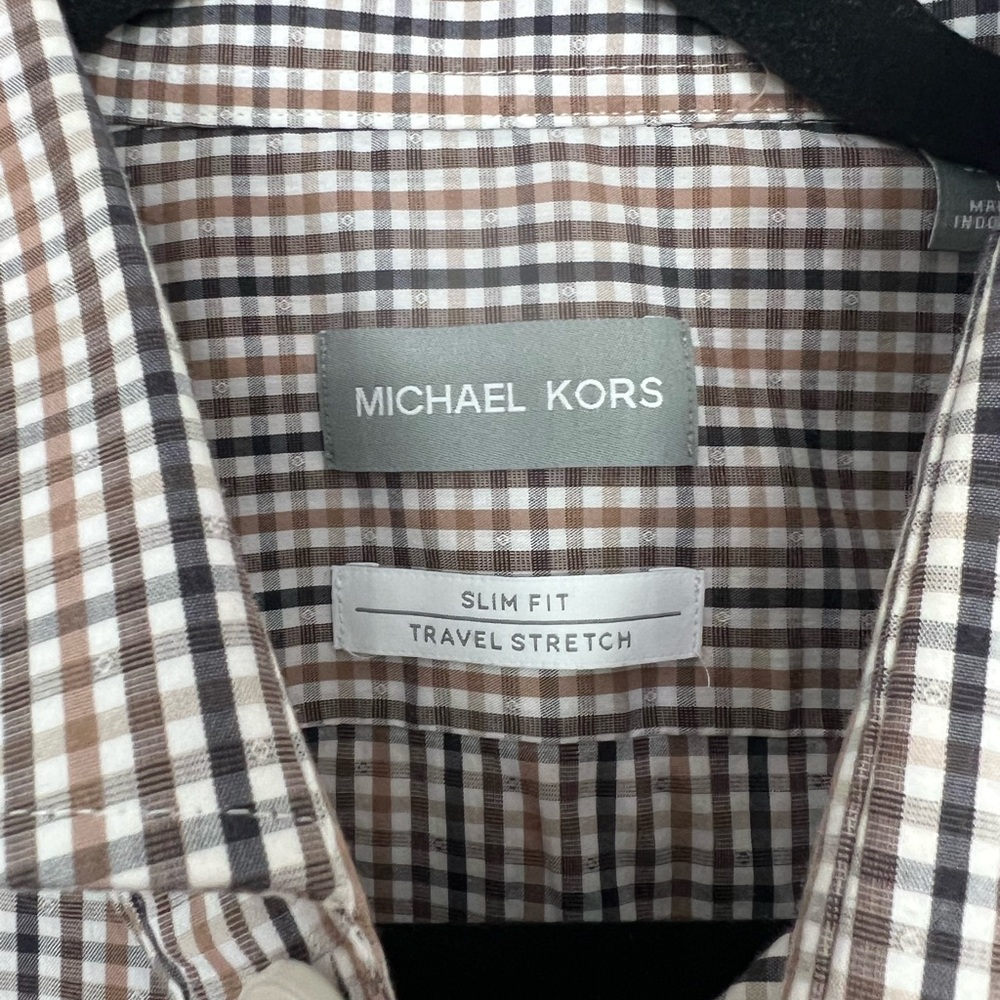 Michael Kors Slim Fit Button Down Shirt Brown Travel Stretch 16‎ 32/33 Large - Picture 2 of 5